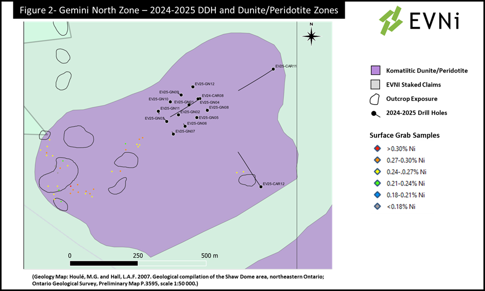 Figure 2: Gemini North Zone - 2024-2025 DDH and Dunite/Peridotite Zones